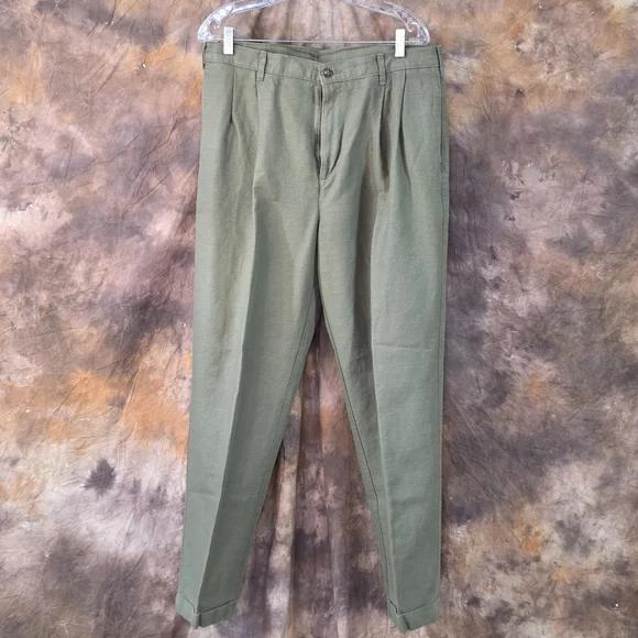 Van Heusen Mens Pants 34x30 Pleated Front Pockets Linen Olive Green - Picture 2 of 6